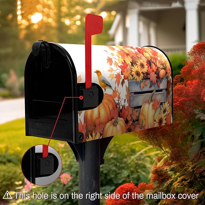 Fall Mailbox Covers Magnetic Large Size Autumn Bird Mailbox Cover Maple Leaf Thanksgiving Pumpkin Mail Box Post Cover Waterproof Sunflower Thankful Decor for Garden Yard 25.5 X 21 Inch