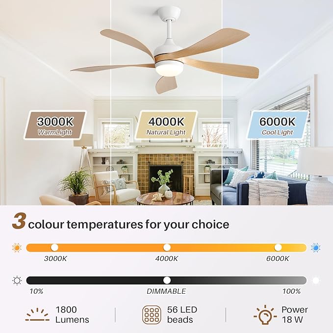 CACI Mall 52 Inch Ceiling Fans with Lights and Remote, modern, Outdoor ceiling fan with 6-Speed, 5 Blades, 2 Downrods, 3 CCT, Timer, Quiet Reversible DC Motor for Living Room, Bedroom, Patios