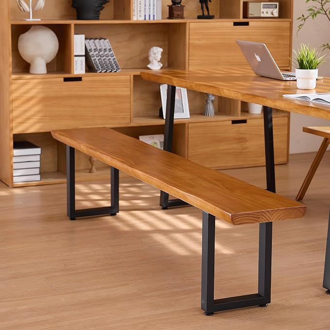 Solid Wood Top Bench with Metal Legs Durable Long Bench for Home Office Living Room Dining Room Versatile Multi Size Options Perfect Chair Stool Dining Bench Dining Chair (Light brown bench, 70.87in)