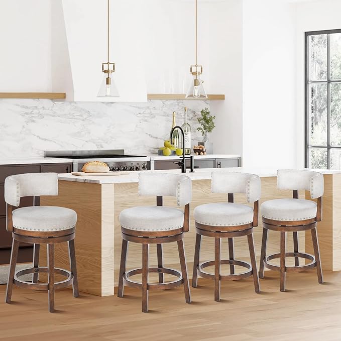 COLAMY Swivel Bar Stools Set of 4, Swivel Counter Height Barstools with Back, 25 Inch Modern Upholstered Bar Stools for Kitchen Island Dining Room Bar, Beige