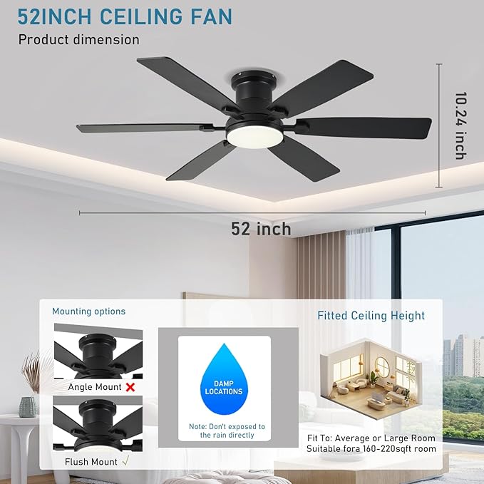 52inch Low Profile Ceiling Fan with Light and Remote/APP Control, LED Dimmable DC ReversibleModern, Flush Mount,6 Blade,Black Ceiling Fan for Bedroom Living Room/Outdoor Use