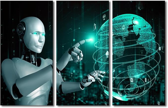 TUMOVO 3 Pieces Canvas Wall Art - AI Intelligence Pictures for Home Wall Decor Robot Canvas Painting Wall Art AI Artwork Giclee Gallery-wrapped Framed Ready to Hang, 60" Wx40 H