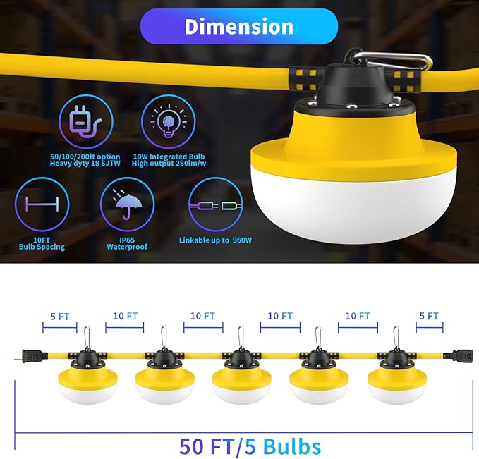 New 200FT Construction String Lights LED Industrial Grade Best for Construction Sites,Renovation, Walkways,Patio,Mine cave,Outdoor Lighting Solutions Use,Free for Climbing Hook 2Prong