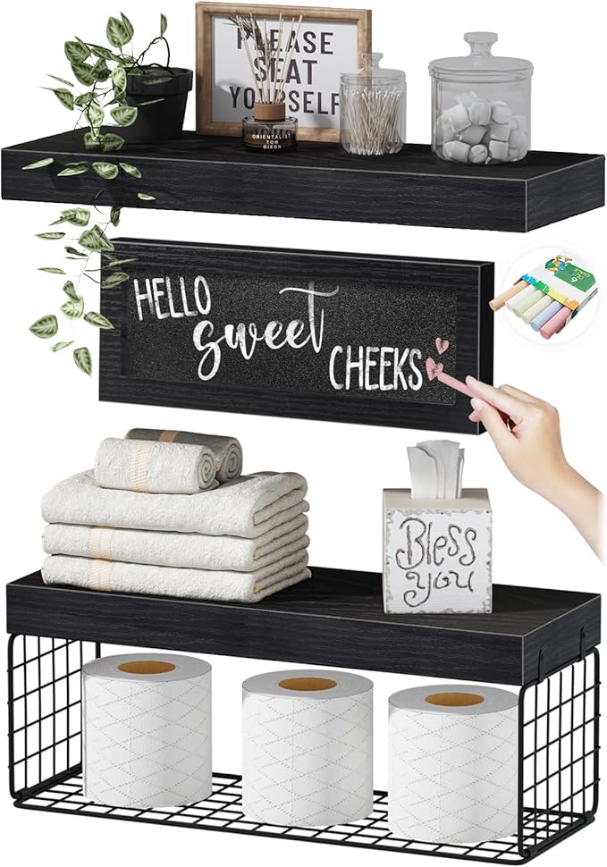 QEEIG Bathroom Shelves Over Toilet - Paper Storage Wall Mounted Farmhouse Decor Decorations Chalkboard Small Floating Shelf 2+1 Set 16 inch, Black (021B)