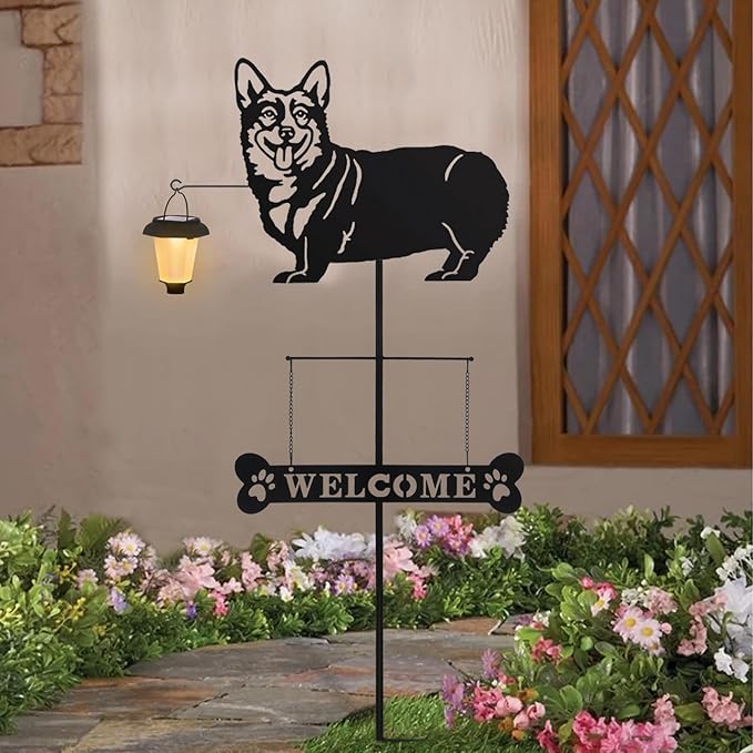 BAYN Solar Corgi Silhouette Dog Breed Welcome Sign with a Lantern Outdoor Decorative Garden Stakes for Yard, Lawn, Patio, Pathway