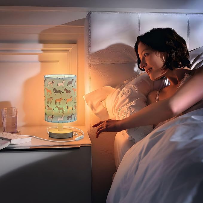 Horse Pattern on Blue Table Lamp with Wood Base Fabric Lamp Shade Bedside Nightstand Desk Lamp for Living Room Bedroom Kids Room Office