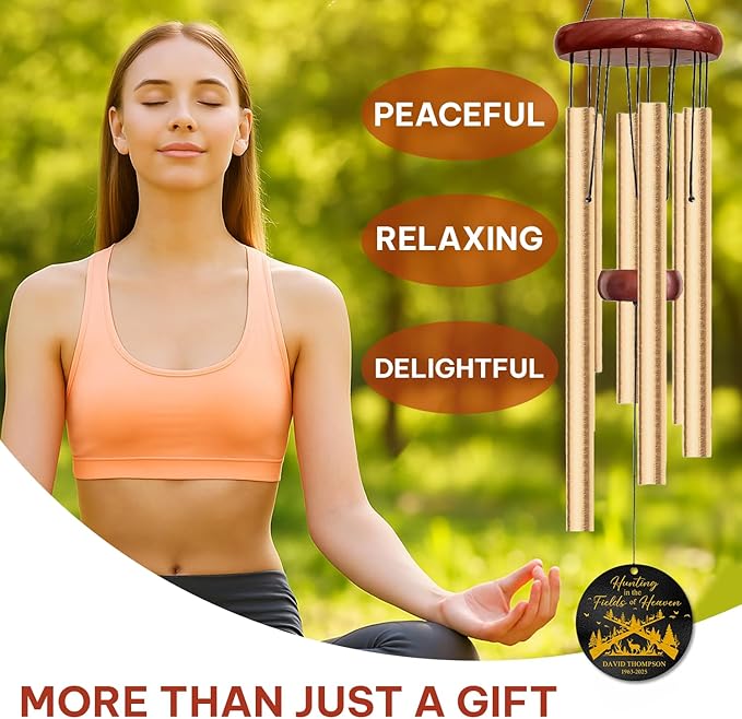 Personalized Hunting Memorial Wind Chime – “Hunting in The Fields of Heaven” Custom Name & Years – Outdoor Remembrance Gift for Hunters – Engraved Sympathy Windchime for Loss of Loved One
