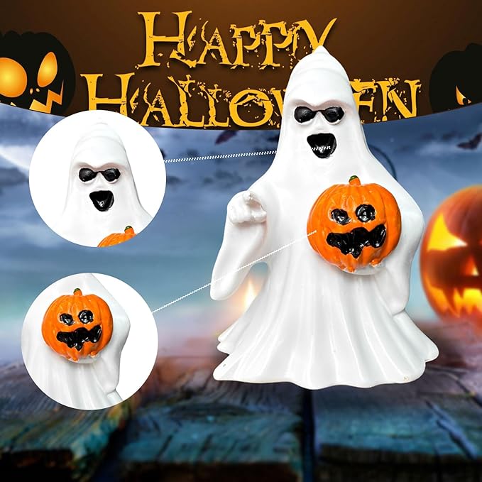 1 Pcs Halloween Ghost Figurine Decor with Pumpkin Cute Resin Ghost Statue, Funny White Sculpture Ghost Decor for Spooky Halloween Home Mantel Tabletop Decorations Indoor