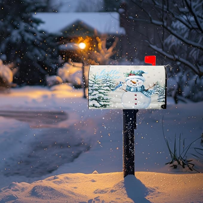 Hello Winter Snowman Mailbox Cover Magnetic Standard Size 18 X 21 Christmas Snow Pine Tree Post Letter Box Wrap Covers for Garden Yard Outdoor Xmas Decor