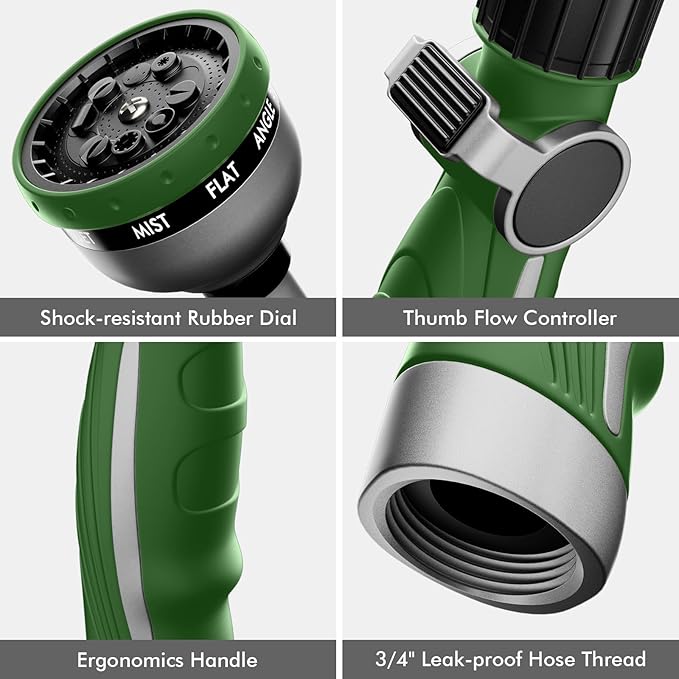 RESTMO Watering Wand Heavy Duty, Metal Garden Hose Wand with 10 Spray Patterns, 15-Inch Long Hose Nozzle Sprayer with Thumb Flow Control, Ideal to Water Hanging Baskets and Shrubs, Green