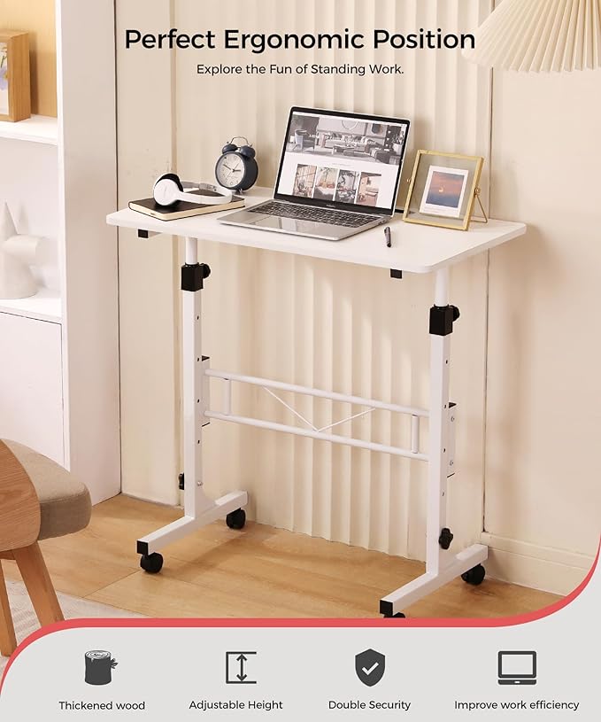 KLSMYHOKI Standing Desk Adjustable Height, Mobile Stand Up Desk with Wheels Small Computer Desk Rolling Desks, Portable Laptop Desk White Standing Table Home Office Desks 16"x31.5" Height 27"-43.5"