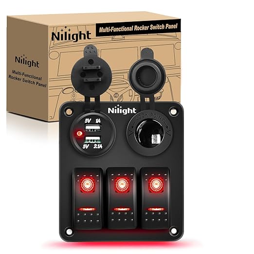 Nilight ３ Gang Rocker Switch Panel with USB Charger and Cigar Lighter Red Night Glow Stickers12V 24V Toggle ON Off for Cars Rvs Trucks