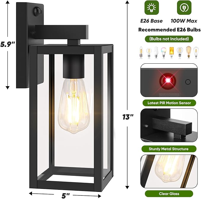 BesLowe Upgraded Motion Sensor Outdoor Wall Light, 13” Dusk to Dawn Porch Light Outdoor Wall Sconce Lantern, 3 Lighting Modes Exterior Lighting Fixture Wall Mount, Outside Light for House, Black