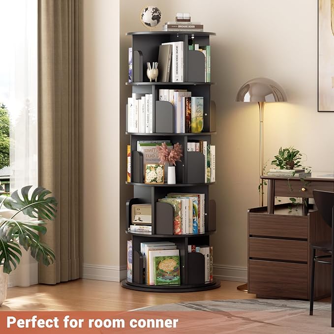 Rotating Bookshelf Tower, 5 Tier Spinning Bookcase, Revolving 360 Book Shelf Narrow Tall Bookcase, Vertical Turning Round Bookshelf Organizer, Wood Corner Book Shelf for Small Space, Black