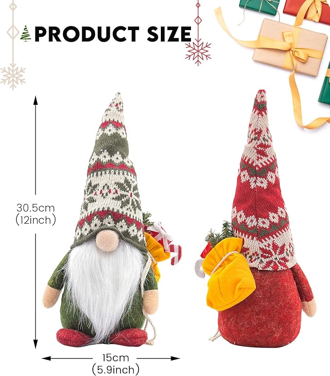 2PCS 12 Inch Christmas Gnomes Decorations, Handmade Plush Xmas Gnomes with Gift, Elf Scandinavian Tomte Gnome Figurines for Xmas Decor Gift - Christmas Party Home Decorations