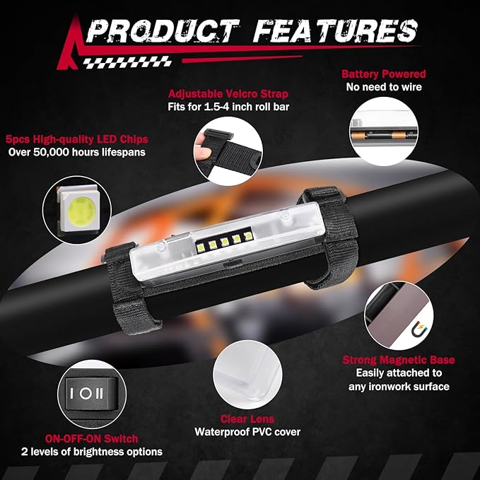 UTV Interior Dome Light, FASTCHOY AUTO Universal Roll Bar Mount LED Interior Lights Roll Cage Light for UTV ATV SXS RZR Polaris Can-Am Golf Cart Talon Truck Off Road Vehicle - White