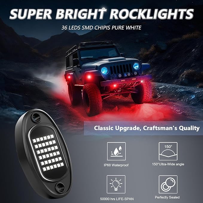 Rock Lights Ultra Bright LED Neon Underglow Lights Waterproof for Trucks Pickup SUV UTV ATV RZR Car Boats Motorcycle (Red, 16 Pods+ 33ft Wire Harness)