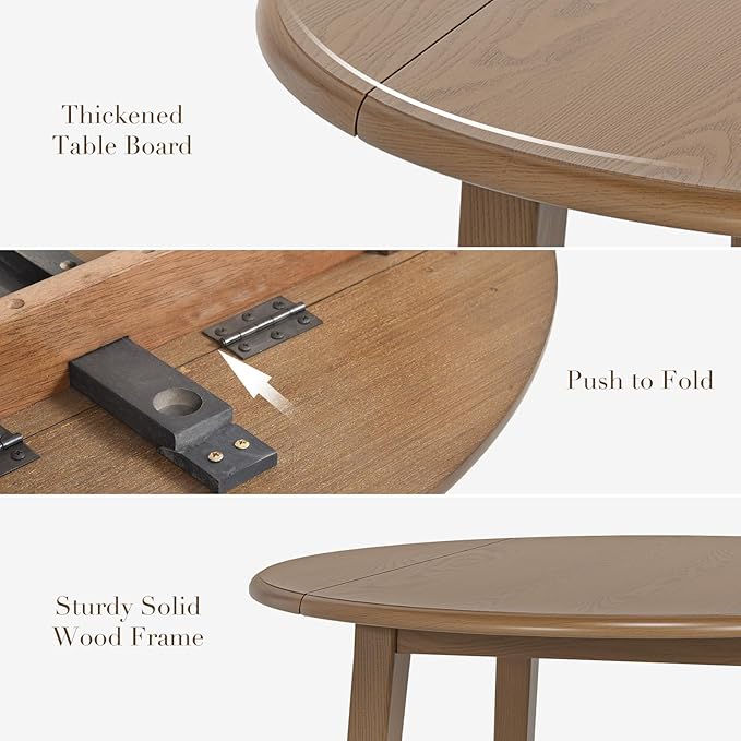 COLAMY 5-Piece Extendable Dining Table Set for 4, 36" Kitchen Round Wood Table with 4 Wooden Dining Room Chairs,Light Brown/Camel