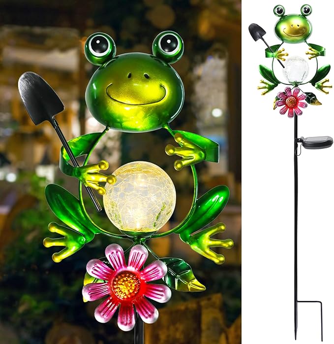 Bshine Frog Solar Light Outdoor Garden, Cracked Glass Metal Solar Garden Stakes for Pathway, Backyard Decoration, Yard Art, Lawn Ornaments, Frog Gifts for Women, Mom, Frog Lovers