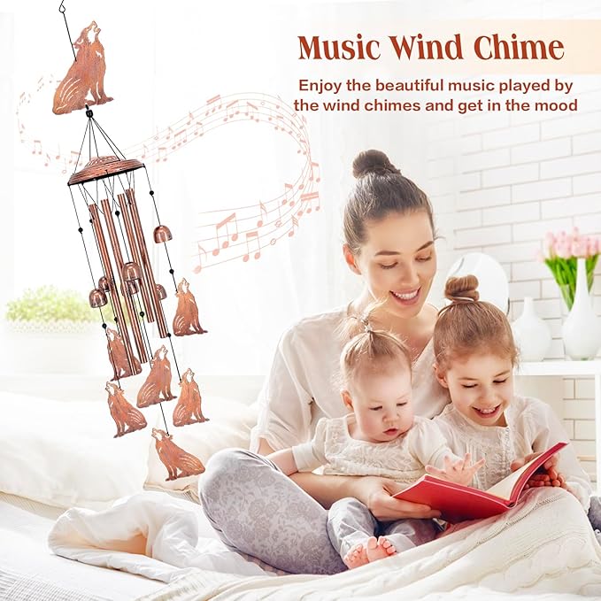 Wolf Wind Chimes Outdoor Wolf Gifts for Women/Men/Mom/Wife/Grandma Birthday Gifts Memorial Gift Metal WindChimes for Outside/Indoors, Lawn, Patio, Home, Porch, Yard Decor, Garden Decorations