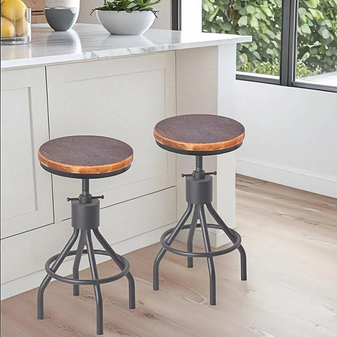Diwhy Industrial Vintage Kitchen Counter Height Adjustable Bar Stool, Farmhouse French Stylish Kitchen Stool, Swivel Chair, Solid Wood Metal Chiar, Easy Installation, Fully Welded Set of 2 (Black)