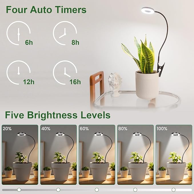 LORDEM Grow Lights for Indoor Plants, 2 in 1 Full Spectrum Plant Light with 360° Gooseneck, 48 LEDs, Auto Timer 6/8/12/16H, 3 Lighting Modes,5 Brightness Levels for Small Plants, 2Pack Black