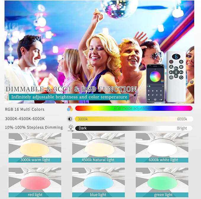 52inch White Ceiling Fans with Lights and Remote/App Control, Low Profile Ceiling Fan with Light and 6 Double-Side blades, Flush Mount, LED/RGB Dimmable DC Reversible Modern Ceiling Fan for