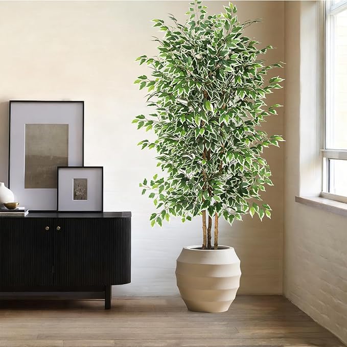 GTIDEA 7ft Ficus Artificial Trees, Tall Faux Trees Indoor with Natural Trunk and Fake Silk Tree Fake Plants for Home Decor Living Room Outdoor Balcony House Office (Included Dried Moss)