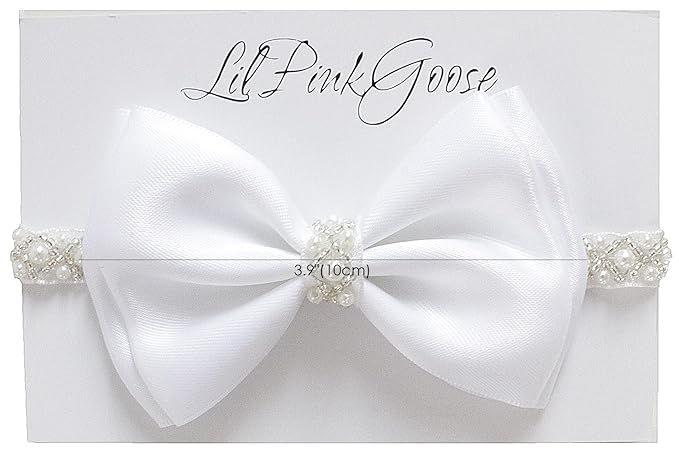 0-12 Newborn Baby Baptism Pearl Headband or Clip with Bow in WHITE Christening Headband with Satin Bow, Pearl Rhinestone Band (White(0-3Months), 1 Count (Pack of 1))
