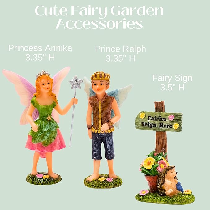 PRETMANNS Fairy House Kit - Fairy Garden Accessories for Outdoor Miniature Village Decor, with Castle, Prince and Princess Fairies & Sign - House, 9’ High & Door can Open Wide - 4 Piece Supplies