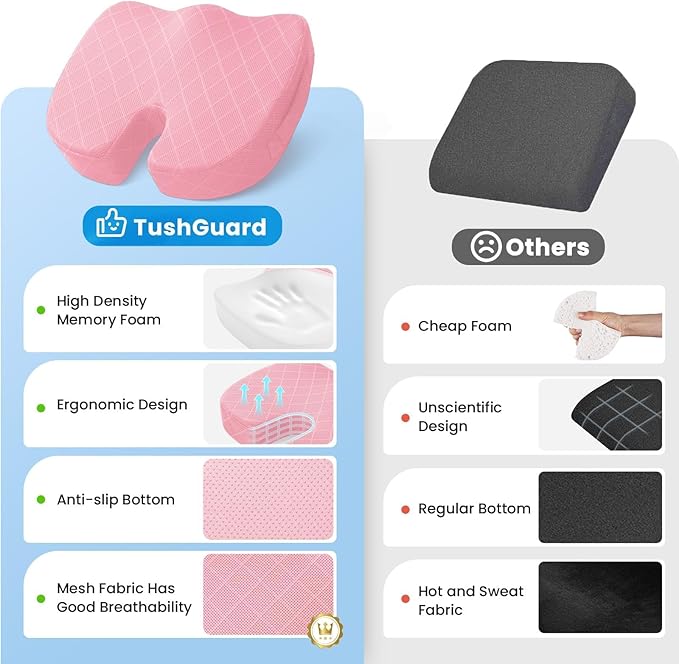 TushGuard Office/Car Seat Cushion, Non-Slip Sciatica & Back Coccyx Tailbone Pain Relief Chair Pad, Memory Foam Butt Pillow for Computer Desk, Wheelchair, Driving (Pink, X-Large)