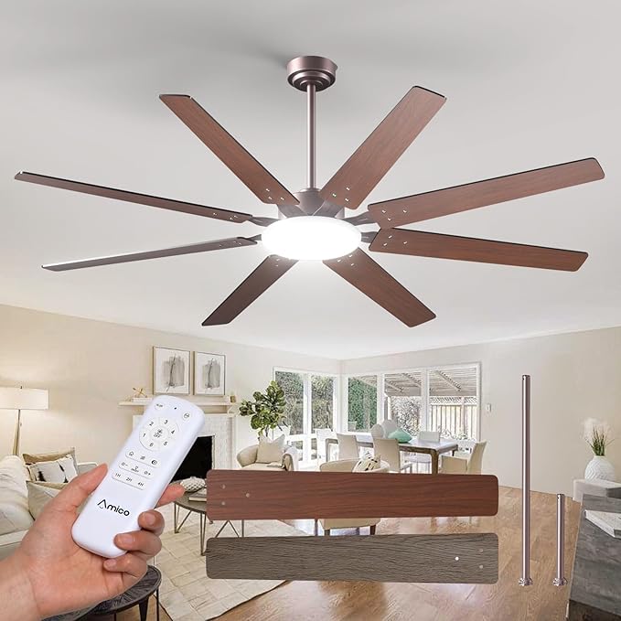 Amico 72 inch Farmhouse Bronze Ceiling Fan with Light, Large Energy Efficient Ceiling Fans with Remote, Reversible DC Motor, Dimmable 3CCT LED, Quiet Indoor/Outdoor for Living Room, Bedroom, Patio