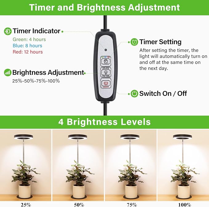 LORDEM Grow Light, LED Plant Light for Indoor Plants Growing, Full Spectrum Desk Growth Lamp with Automatic Timer for 4H/8H/12H, 4 Dimmable Levels, Height Adjustable 9.8"-30.6", Black