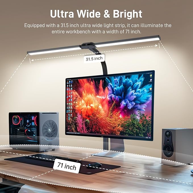 LED Desk Lamp for Home Office, Eye-Caring Desk Light with Clamp, 24W Double Head Architect Task Lamp Stepless Dimming, Flexible Gooseneck Bright Table Lamp for Study Reading Workbench Drafting