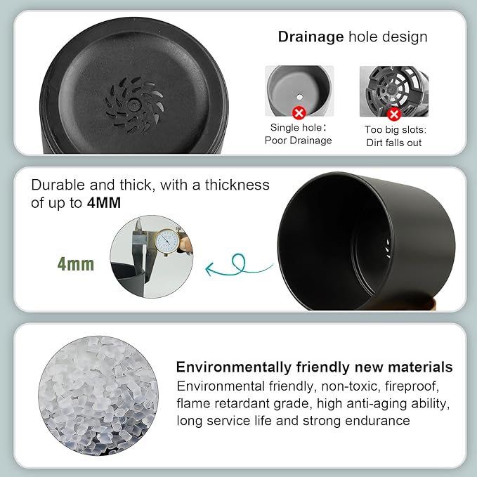 3 Pack 6/5/4 inch Cylindrical Flower Pots, Modern Small Round Plastic Plant Pots with Drainage Holes & Saucers, Clean and Refined Planter Pots for Outdoor, Indoor & Office Decor (Black Brown)
