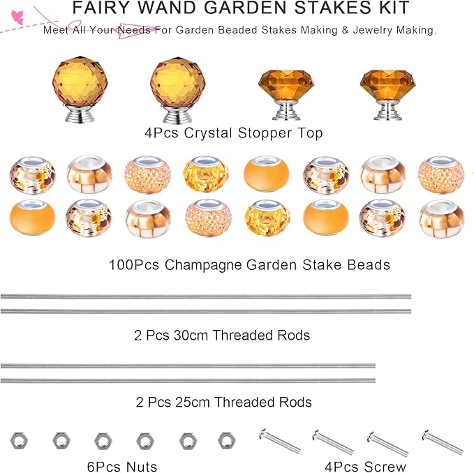 119 Pcs Garden Stake Diy Fairy Wand Plant Stake with Champagne Large Hole Beads Crystal Diamond Stopper Top 4 Stainless Steel Threaded Rod Beaded Garden Stakes For Outdoor Indoor Yard Patio Decoration