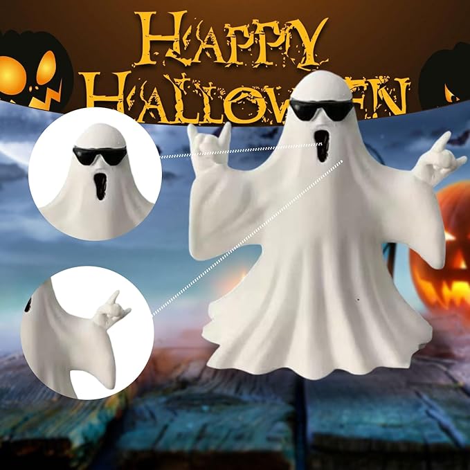 1 Pcs Halloween Ghost Figurine Cute Ghost Decor,with Sunglasses Design Funny Rock Spooky Resin Statue Cool Gestures Cute Sculpture for Halloween Tabletop Porch Party Decoration