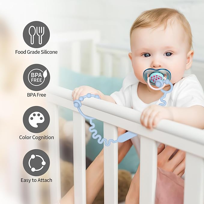 Toy Straps, Pacifier Holder Clip with Self-Adjusting Bayonet, Pure Silicone Material Without BPA; Can Be Used for Teethers, Feeding Bottles, Toys, Baby Cribs, High Chairs(Blue-3ps)