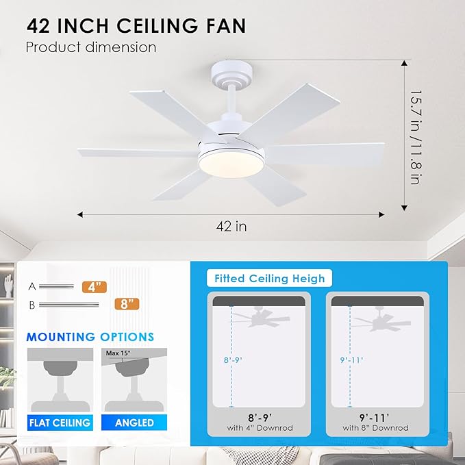 42 inch Ceiling Fans with Lights, Ceiling Fan with Remote APP, Dual-Sided Modern/Rustic 6 Blades, Reversible, 3CCT, Sloped Flush Mount Low Profile Ceiling Fan with Lights Bedroom Kitchen Indoor White