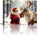 Vintage Reindeer and Santa Claus Christmas Wall Art, Rustic Framed Christmas Picture for Livingroom Bedroom, Ready-to-Hang Christmas Gifts & Festive Winter Wall Decorations
