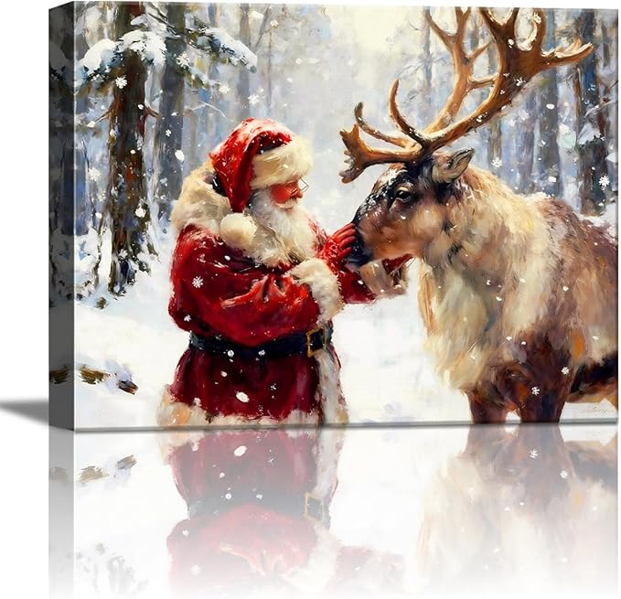 Vintage Reindeer and Santa Claus Christmas Wall Art, Rustic Framed Christmas Picture for Livingroom Bedroom, Ready-to-Hang Christmas Gifts & Festive Winter Wall Decorations