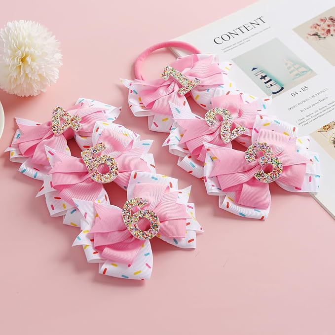 Birthday Hair Bow for Baby Girls 1 2 3 4 5 6 Years Sprinkle Decorations Confetti Ice Cream Party Pink Hair Accessories for 6th Birthday