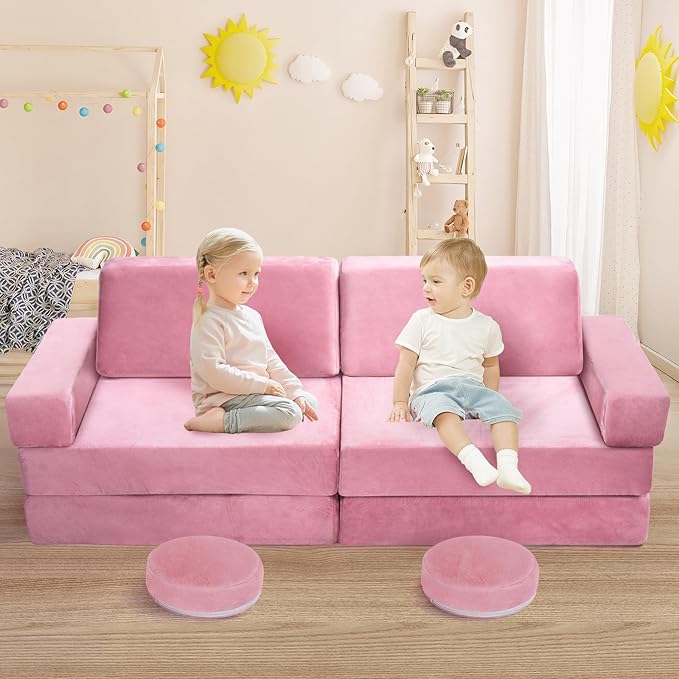 10Pcs Kids Play Couch,Toddler Sofa,Modular Kids Couch for Playing, Creativing, Sleeping (Pink)