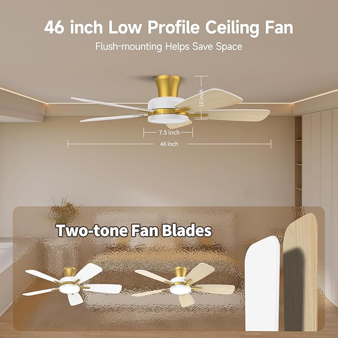 TALOYA Ceiling Fans with Lights and Remote, 46 Inch Low Profile Ceiling Fan with Light, Flush Mount, Reversible, 3CCT, Dimmable Modern Ceiling Fan for Bedroom, Living Room, Outdoor Patio, White Gold