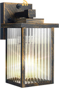 Outdoor Wall Light with Dusk to Dawn Sensor, Waterproof Exterior Light for House Porch and Garage, Black Brush Gold Metal Wall Sconce with Textured Glass