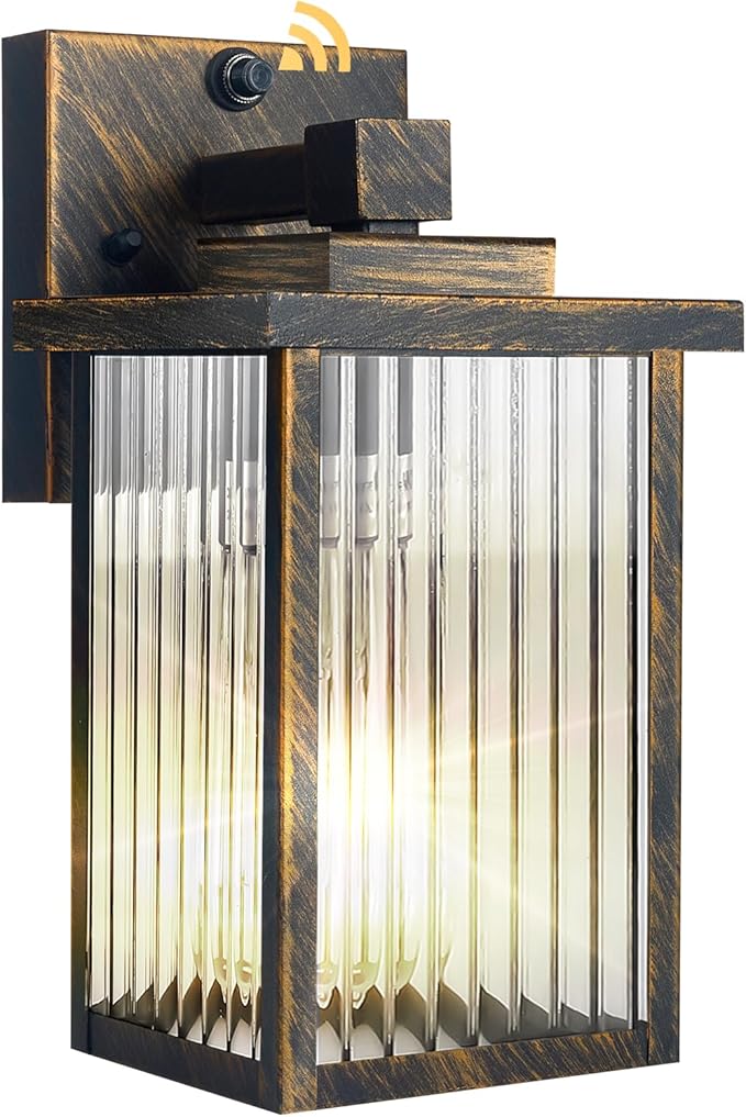 Outdoor Wall Light with Dusk to Dawn Sensor, Waterproof Exterior Light for House Porch and Garage, Black Brush Gold Metal Wall Sconce with Textured Glass