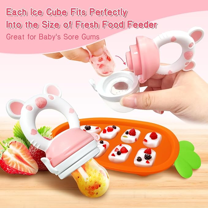 Baby Fruit Food Feeder Pacifier - Fresh Food Feeder, Infant Fruit Teething Teether Toy for 3-24 Months, 3 Pcs Silicone Pouches for Toddlers & Kids & Babies, 2-Pack (Purple Pink)