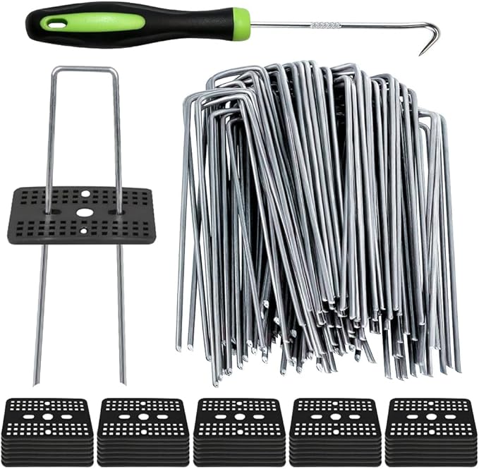 Bakulyor 50 Pcs Landscape Staples + 50 Pcs Gasket, 6 Inch Garden Stakes Staples 11 Gauge U Shaped Galvanized Lawn Landscape Pins, Heavy Duty Yard Ground Pin for Weed Barrier Sod Fabric Decorations
