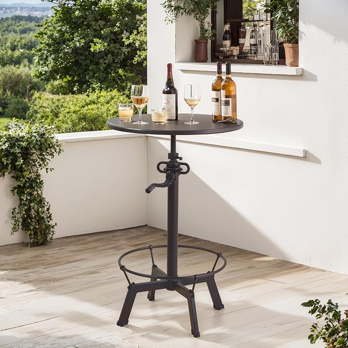 LOKKHAN Industrial Bar Table-33.5-39.4 Inch Tall-Adjustable Bar Height Pub Table-23.7 Inch Swivel Round Metal Top-Easily Adjusts by Crank Handle, Black