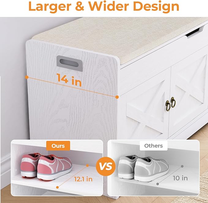 Farmhouse Shoe Storage Bench with Cushion Seat, 3-Tier Entryway Bench with Lift Top Storage and Adjustable Shelf, Bench for Hallway, Bedroom, White
